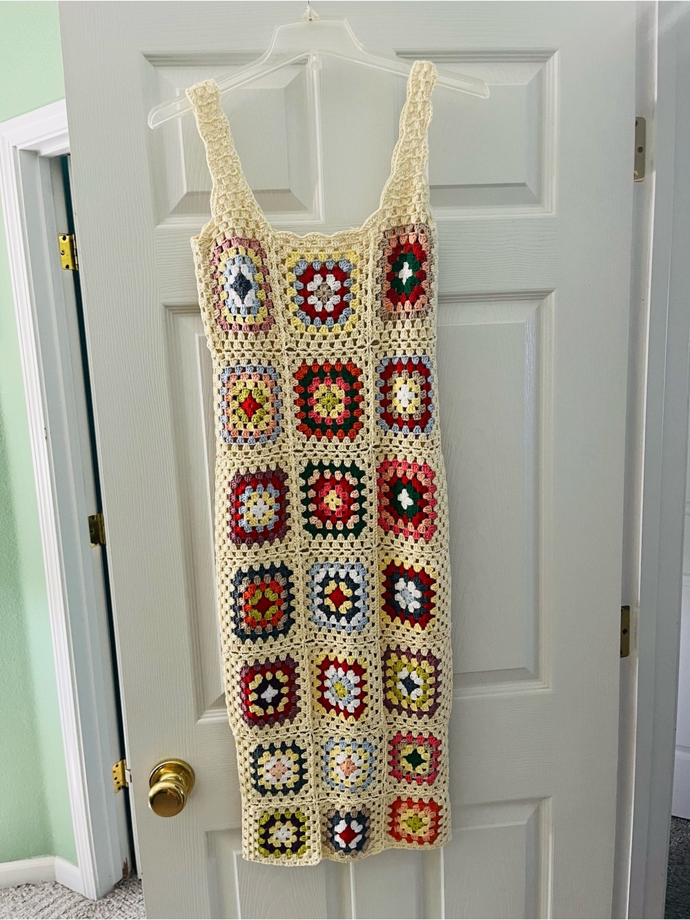 Handmade Crochet Granny Square Maxi Dress - Cream with Multicolor Accents
